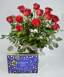 Dozen Roses and Godiva from Schultz Florists, flower delivery in Chicago