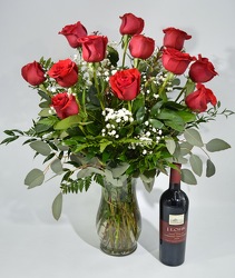 Dozen Roses and Cabernet from Schultz Florists, flower delivery in Chicago