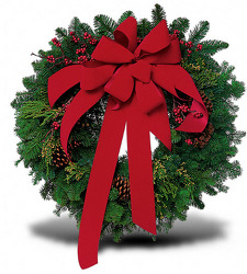 Wreath with Red Velvet Bow from Schultz Florists, flower delivery in Chicago